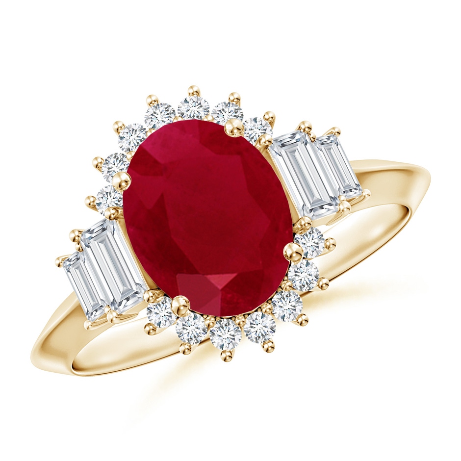 9x7mm AA Oval Ruby Halo Knife-Edge Shank Engagement Ring in Yellow Gold 
