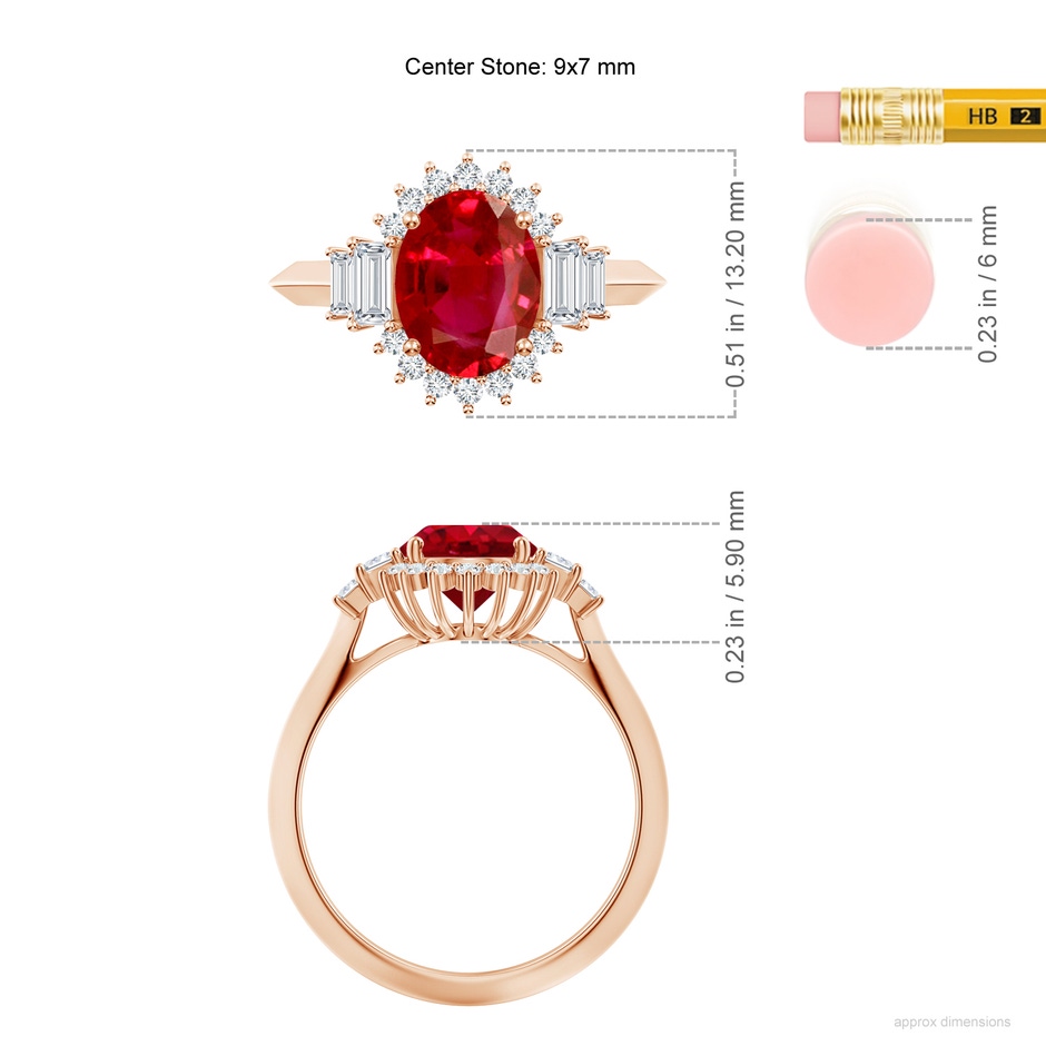 9x7mm AAA Oval Ruby Halo Knife-Edge Shank Engagement Ring in 18K Rose Gold ruler