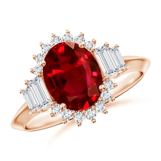9x7mm AAAA Oval Ruby Halo Knife-Edge Shank Engagement Ring in 18K Rose Gold