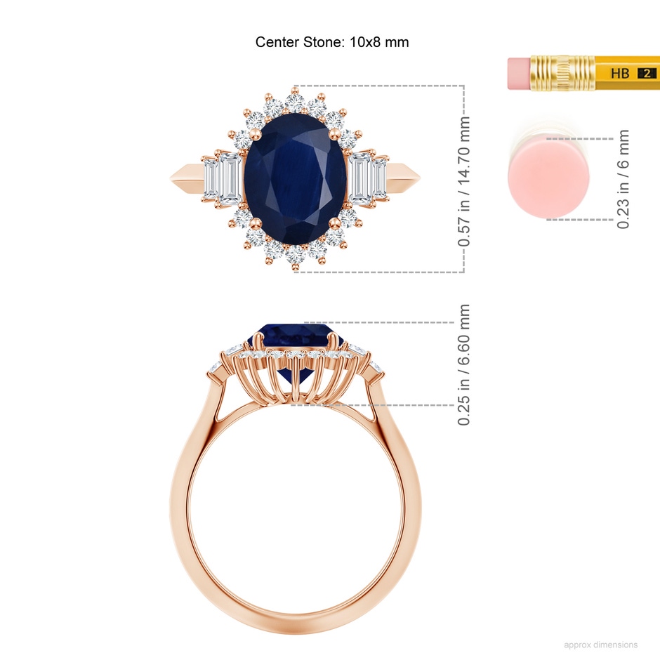 10x8mm A Oval Blue Sapphire Halo Knife-Edge Shank Engagement Ring in Rose Gold ruler