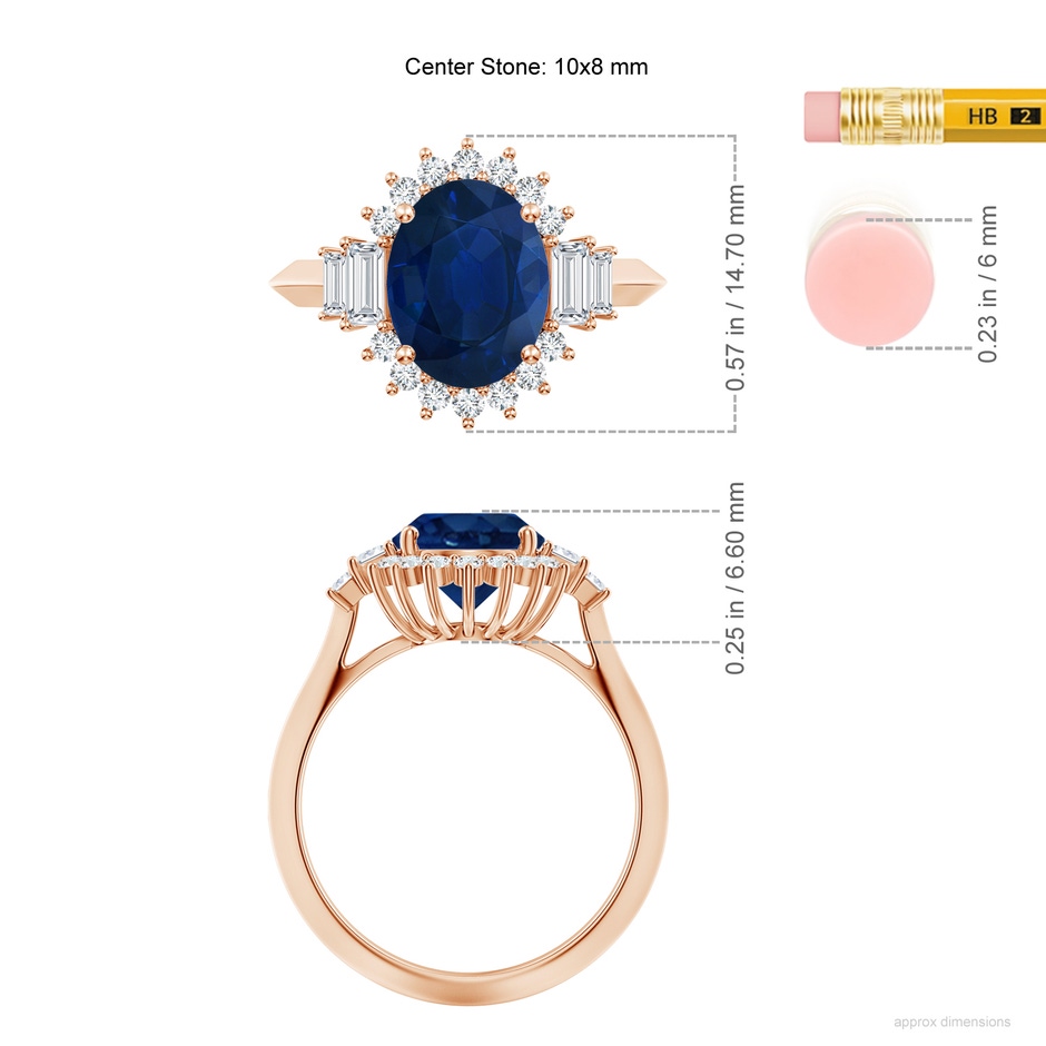 10x8mm AA Oval Blue Sapphire Halo Knife-Edge Shank Engagement Ring in Rose Gold ruler