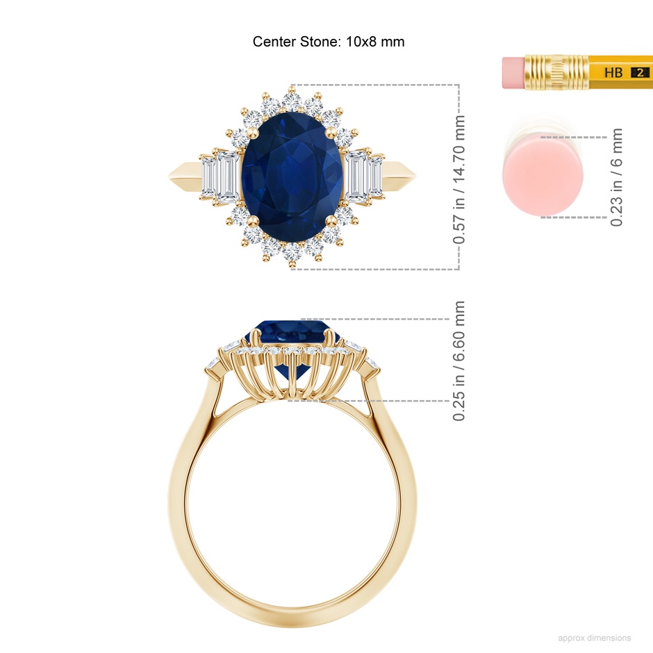 10x8mm AA Oval Blue Sapphire Halo Knife-Edge Shank Engagement Ring in Yellow Gold ruler