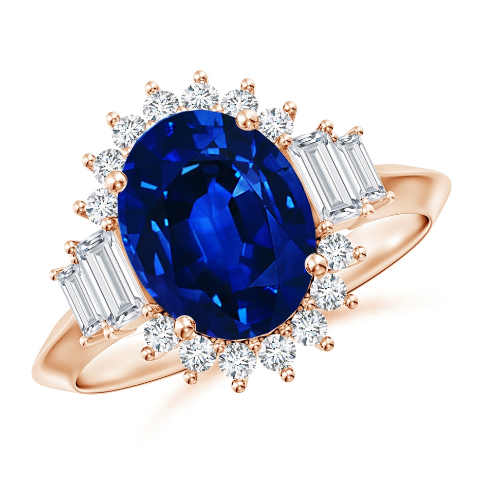 10x8mm Lab-Grown Oval Blue Sapphire Halo Knife-Edge Shank Engagement Ring in 18K Rose Gold 
