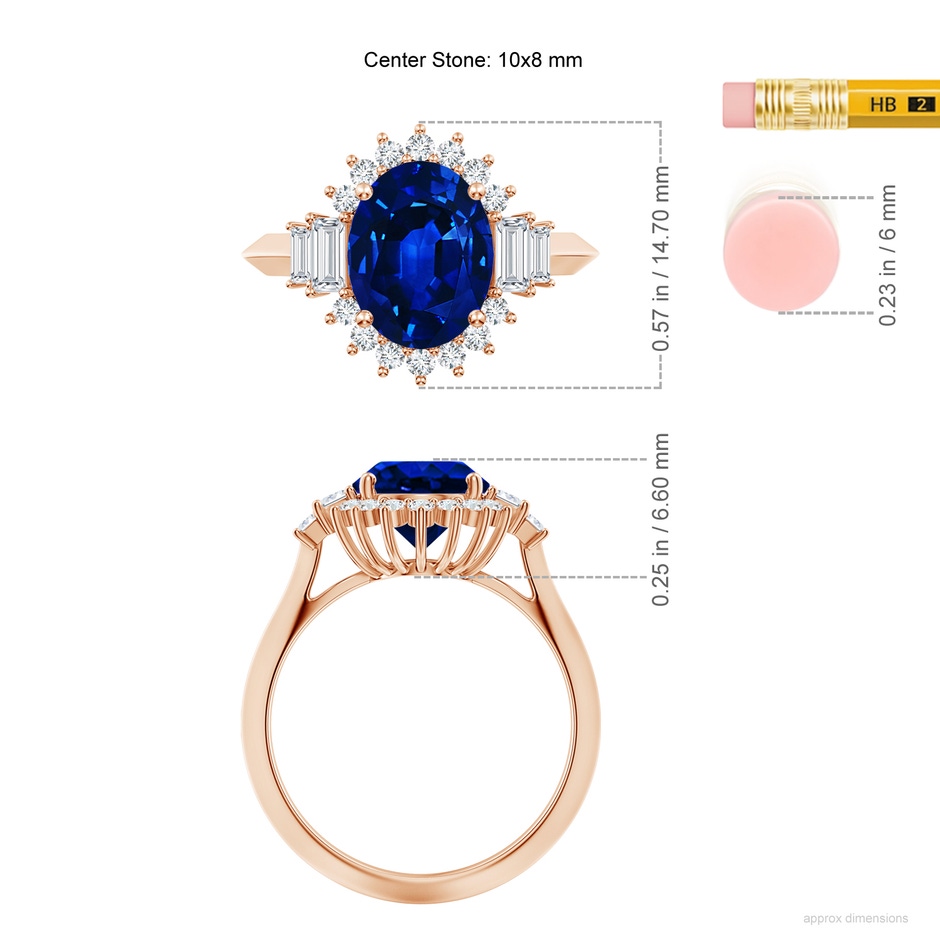 10x8mm Lab-Grown Oval Blue Sapphire Halo Knife-Edge Shank Engagement Ring in 18K Rose Gold ruler