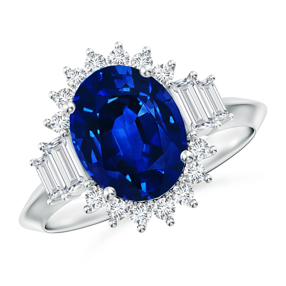 10x8mm Lab-Grown Oval Blue Sapphire Halo Knife-Edge Shank Engagement Ring in 18K White Gold 