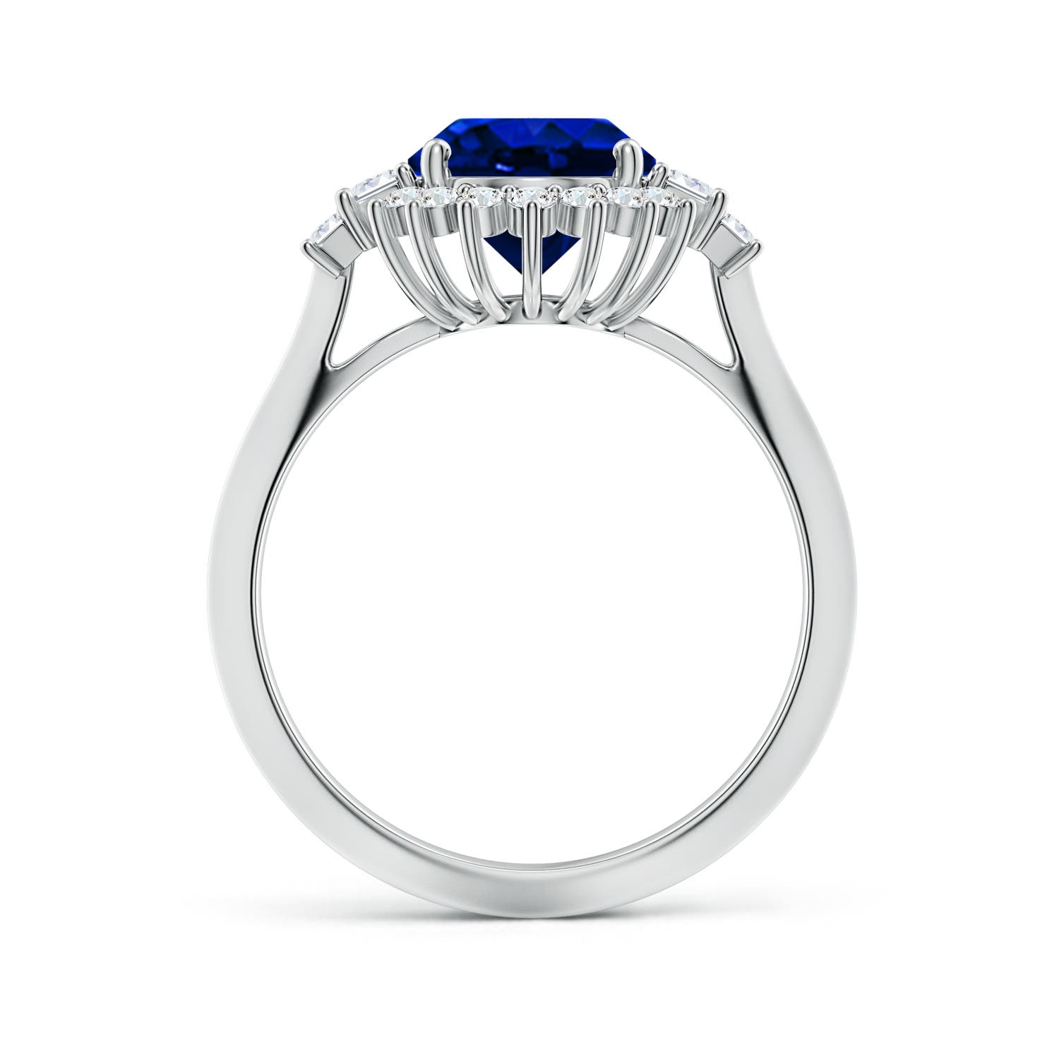 10x8mm AAAA Oval Blue Sapphire Halo Knife-Edge Shank Engagement Ring in 18K White Gold