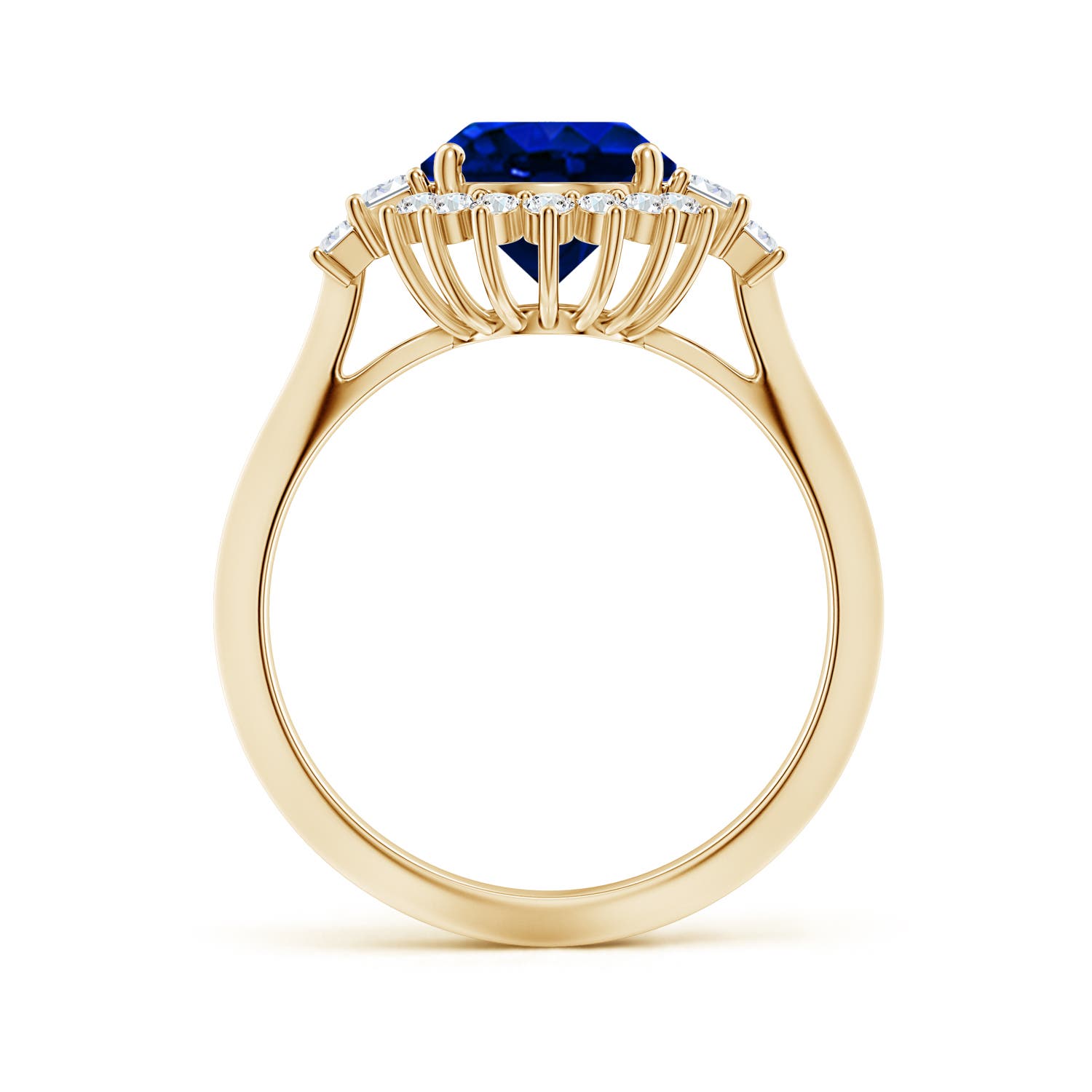 10x8mm AAAA Oval Blue Sapphire Halo Knife-Edge Shank Engagement Ring in 18K Yellow Gold