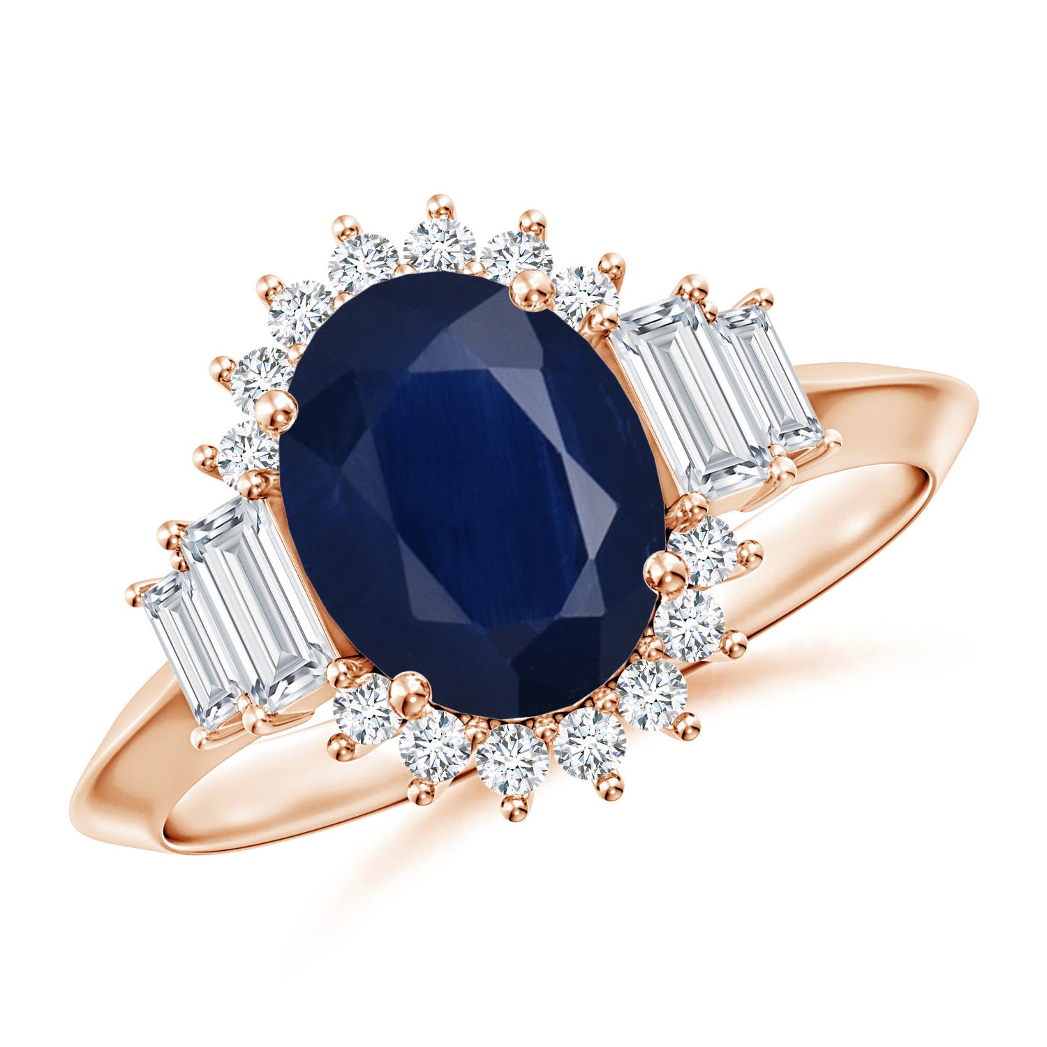 9x7mm A Oval Blue Sapphire Halo Knife-Edge Shank Engagement Ring in 18CT Rose Gold