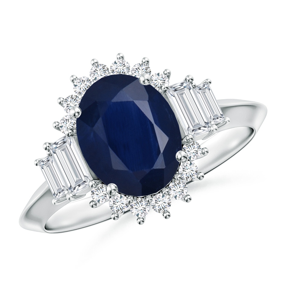 9x7mm A Oval Blue Sapphire Halo Knife-Edge Shank Engagement Ring in White Gold 