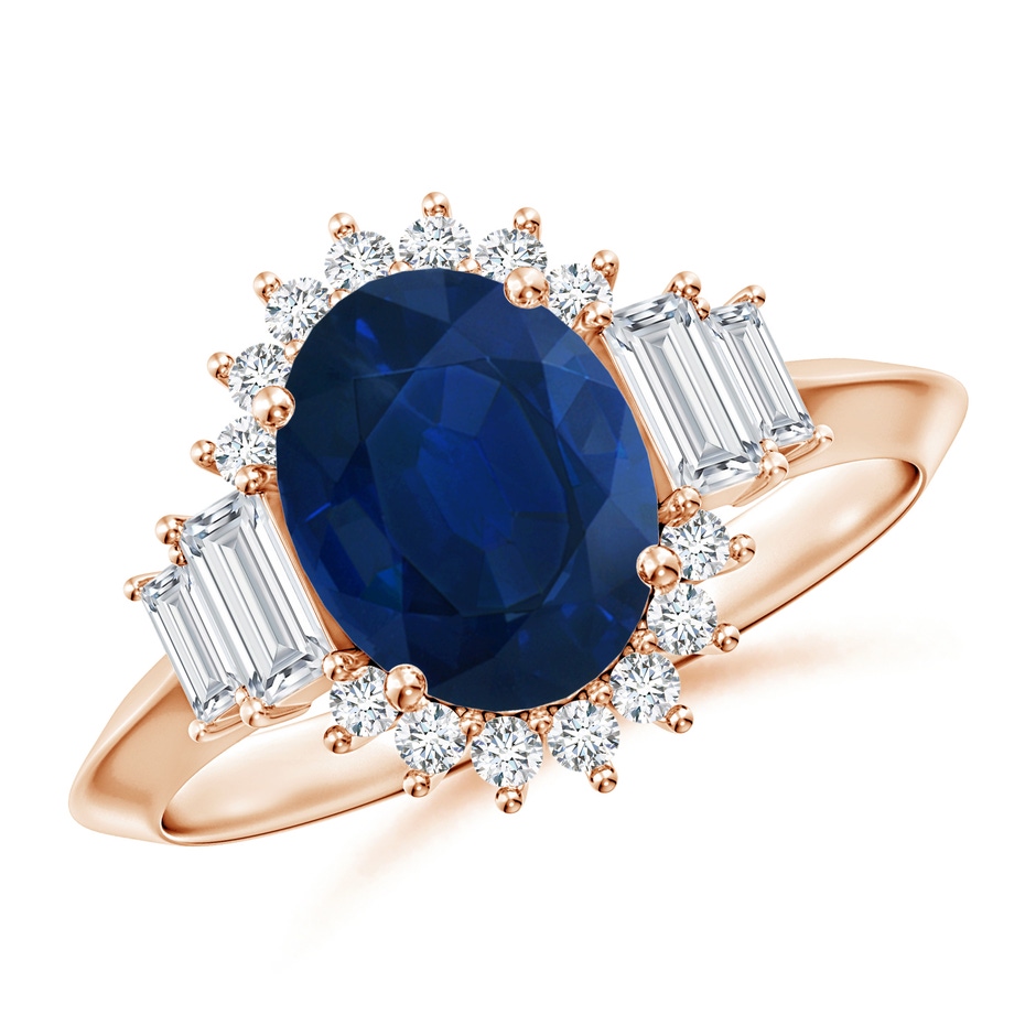 9x7mm AA Oval Blue Sapphire Halo Knife-Edge Shank Engagement Ring in Rose Gold 