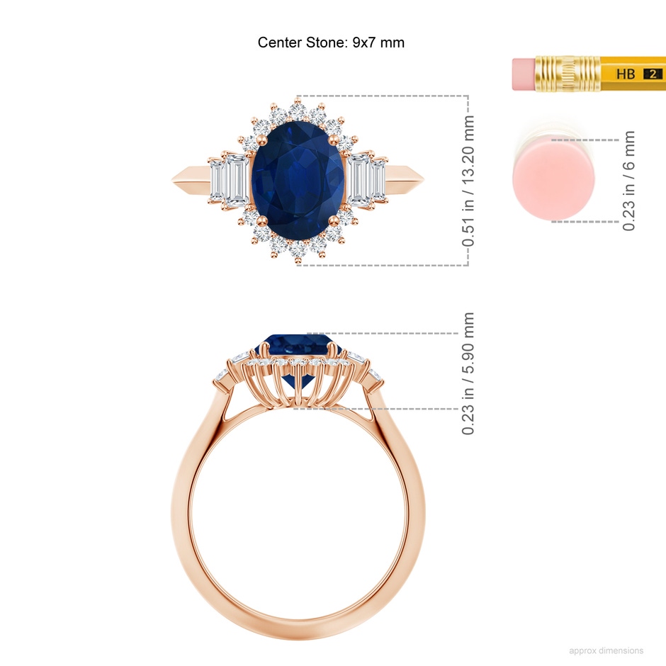 9x7mm AA Oval Blue Sapphire Halo Knife-Edge Shank Engagement Ring in Rose Gold ruler