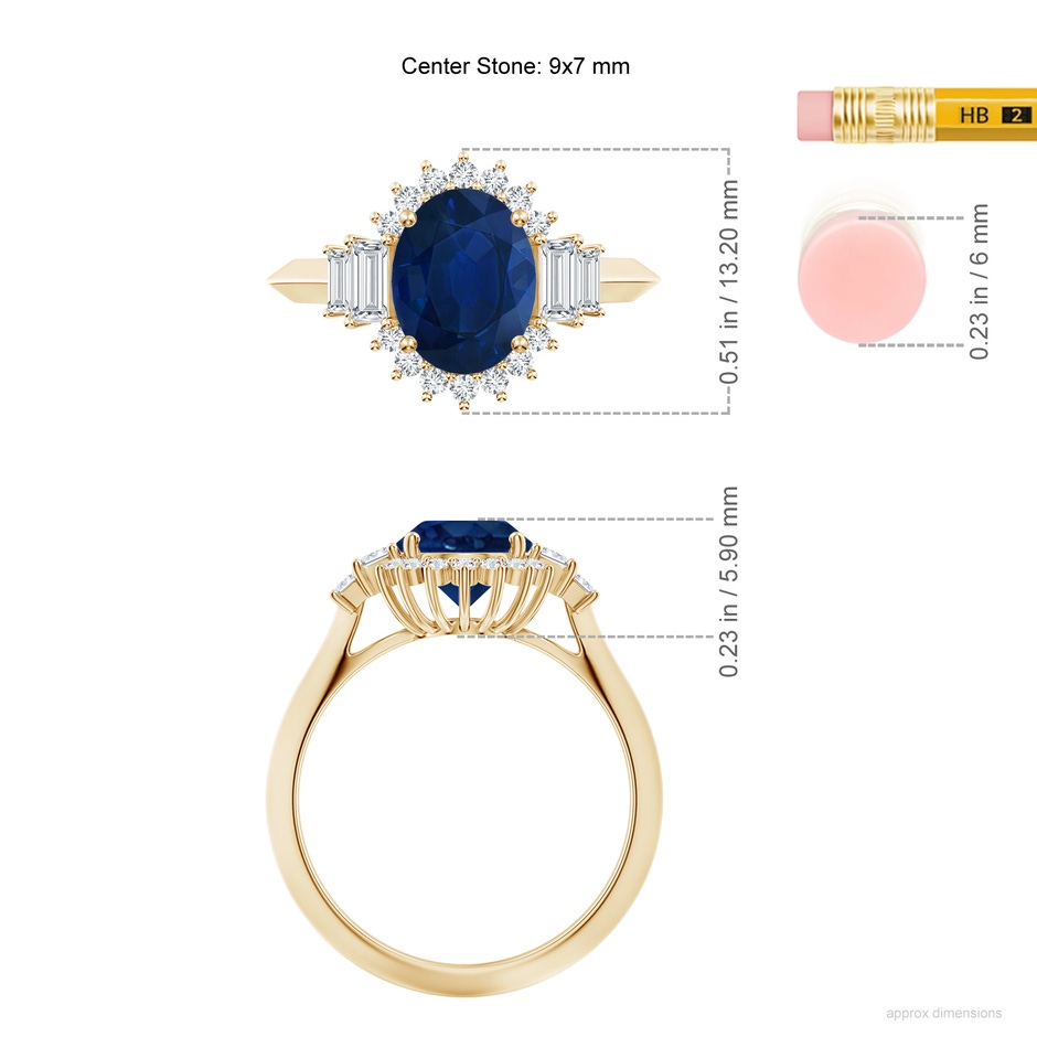 9x7mm AA Oval Blue Sapphire Halo Knife-Edge Shank Engagement Ring in Yellow Gold ruler