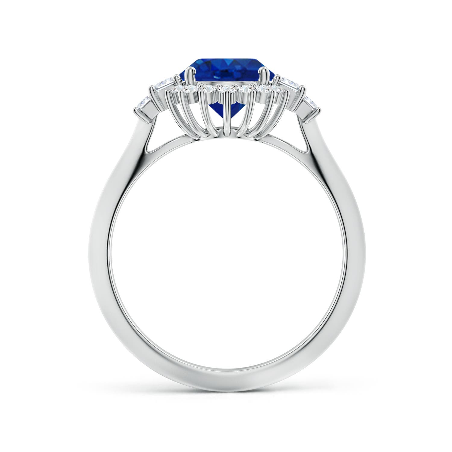 9x7mm AAA Oval Blue Sapphire Halo Knife-Edge Shank Engagement Ring in 18K White Gold