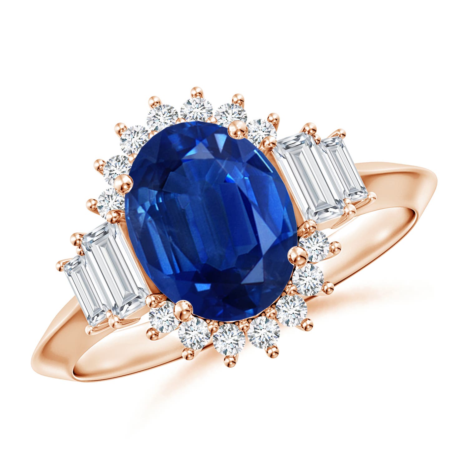 9x7mm AAA Oval Blue Sapphire Halo Knife-Edge Shank Engagement Ring in Rose Gold