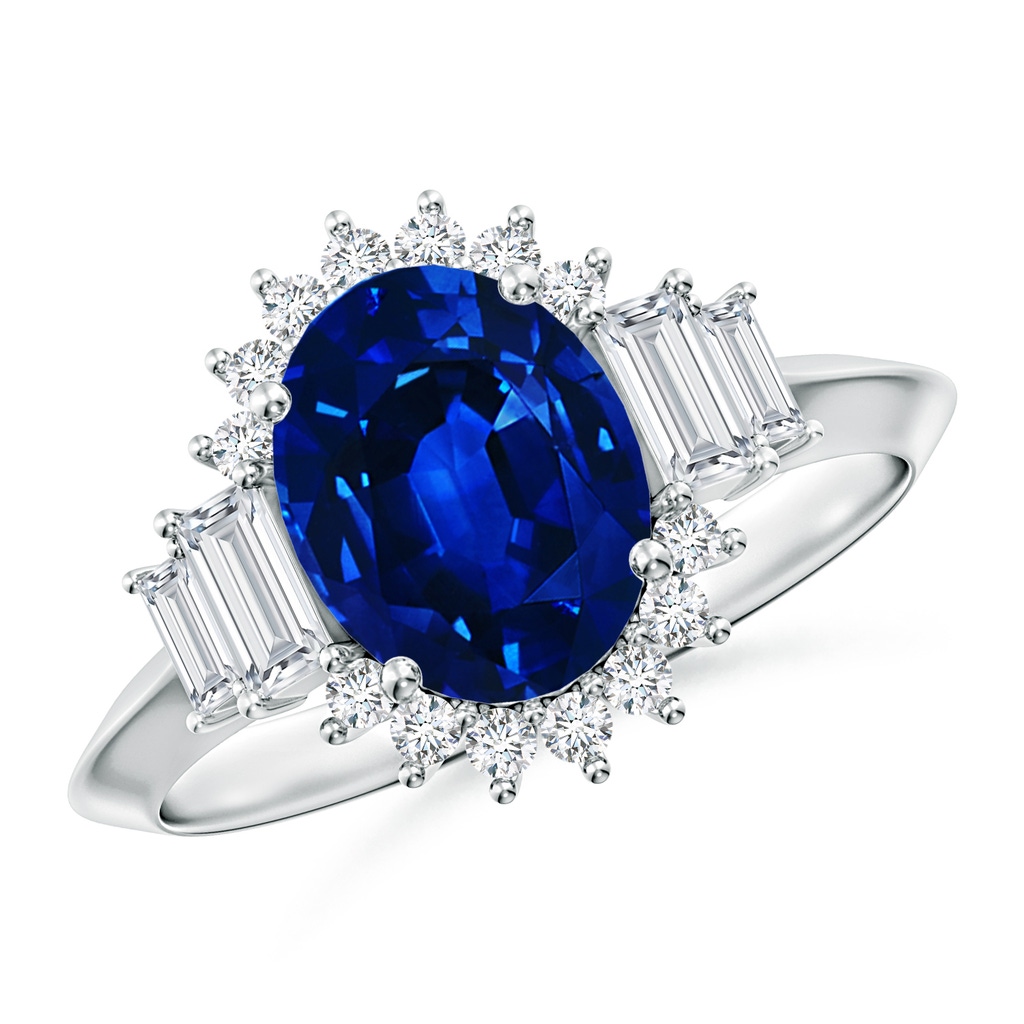 9x7mm Lab-Grown Oval Blue Sapphire Halo Knife-Edge Shank Engagement Ring in 18K White Gold