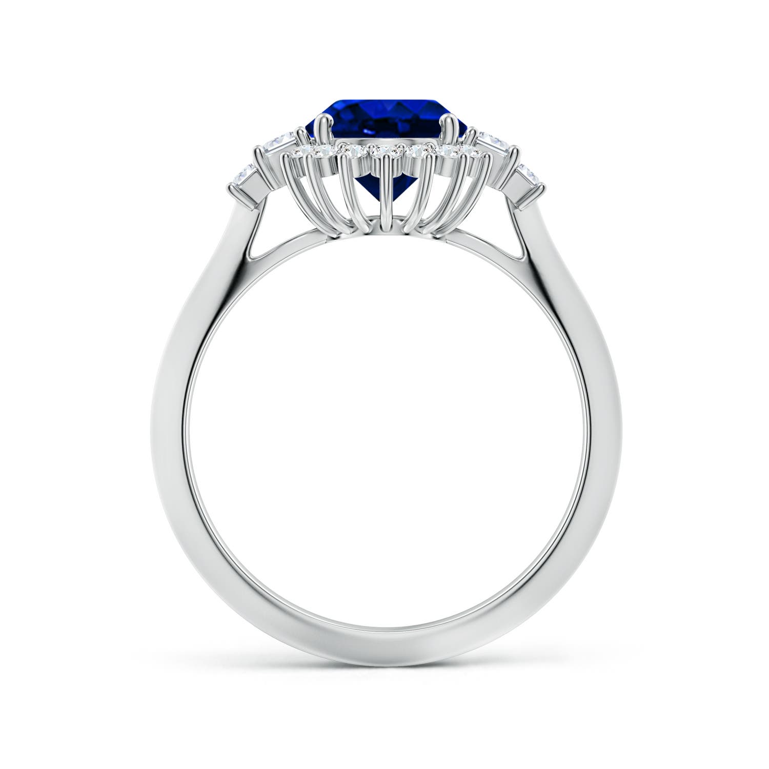 9x7mm AAAA Oval Blue Sapphire Halo Knife-Edge Shank Engagement Ring in 18CT White Gold - side 2