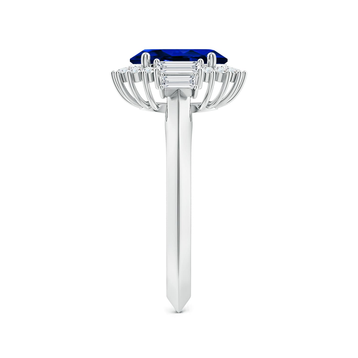 9x7mm AAAA Oval Blue Sapphire Halo Knife-Edge Shank Engagement Ring in 18CT White Gold - side 3