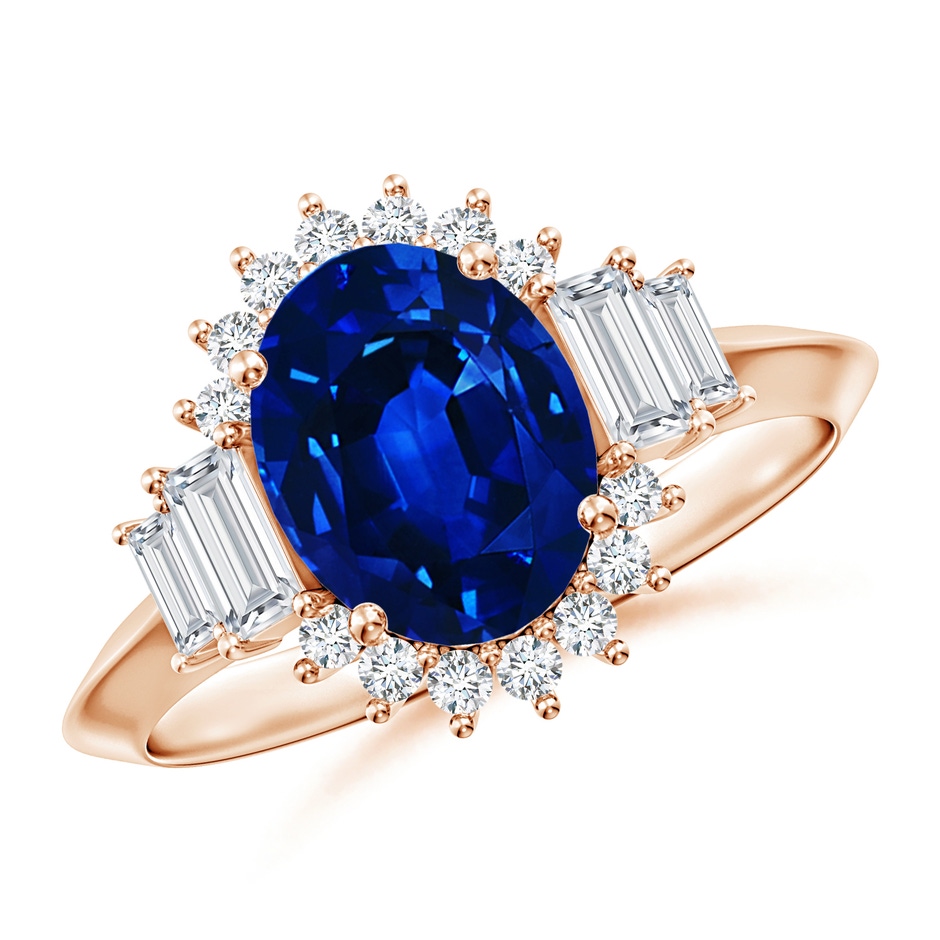 9x7mm AAAA Oval Blue Sapphire Halo Knife-Edge Shank Engagement Ring in Rose Gold 