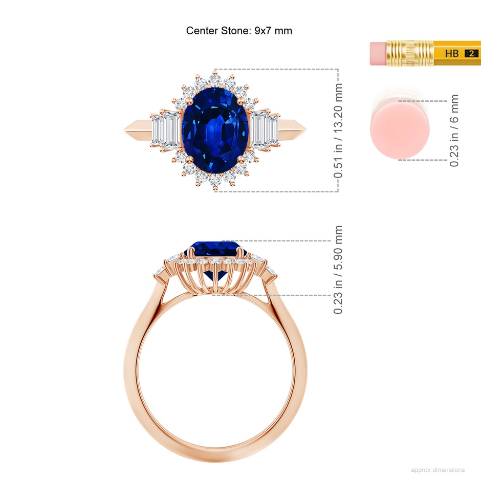 9x7mm AAAA Oval Blue Sapphire Halo Knife-Edge Shank Engagement Ring in Rose Gold ruler