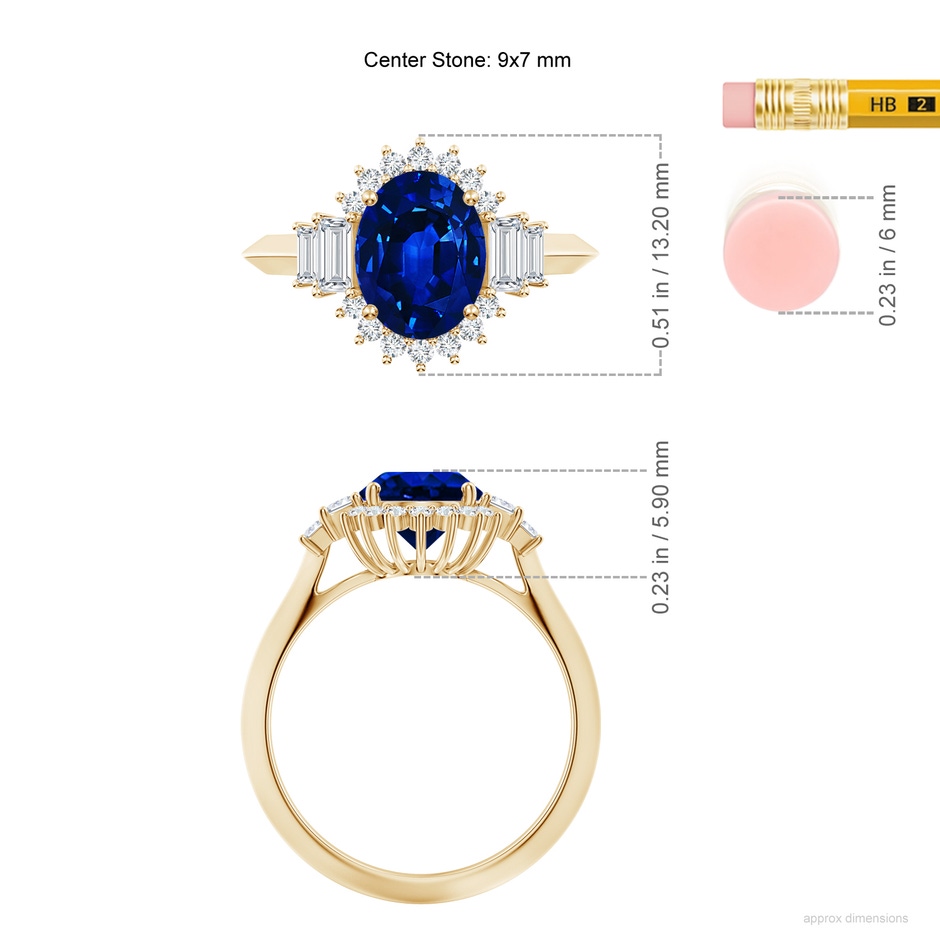 9x7mm AAAA Oval Blue Sapphire Halo Knife-Edge Shank Engagement Ring in Yellow Gold ruler
