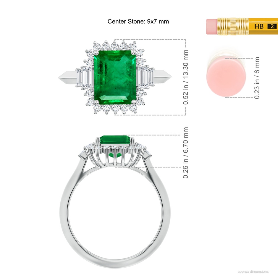 9x7mm AAA Emerald-Cut Emerald Halo Knife-Edge Shank Engagement Ring in White Gold ruler