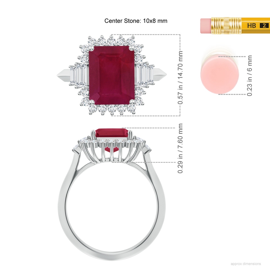 10x8mm A Emerald-Cut Ruby Halo Knife-Edge Shank Engagement Ring in P950 Platinum ruler