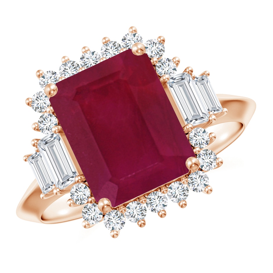 10x8mm A Emerald-Cut Ruby Halo Knife-Edge Shank Engagement Ring in Rose Gold 