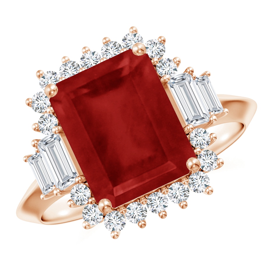 10x8mm AA Emerald-Cut Ruby Halo Knife-Edge Shank Engagement Ring in Rose Gold 