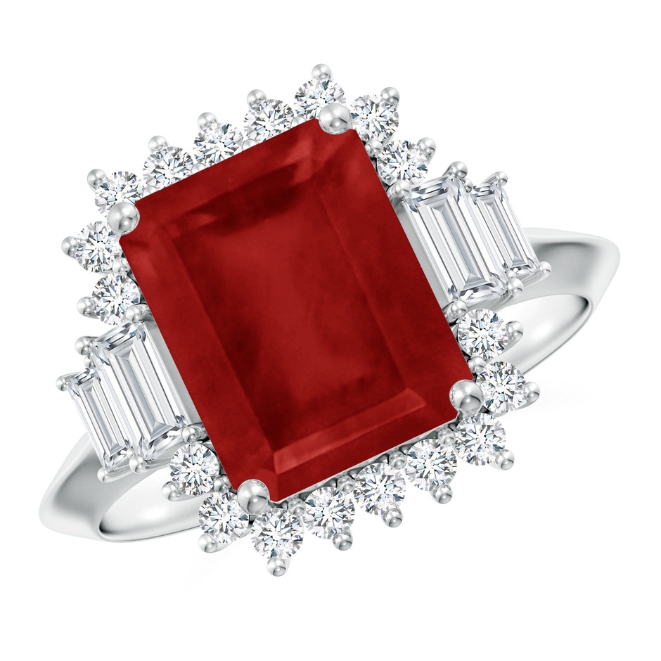 10x8mm AA Emerald-Cut Ruby Halo Knife-Edge Shank Engagement Ring in White Gold 