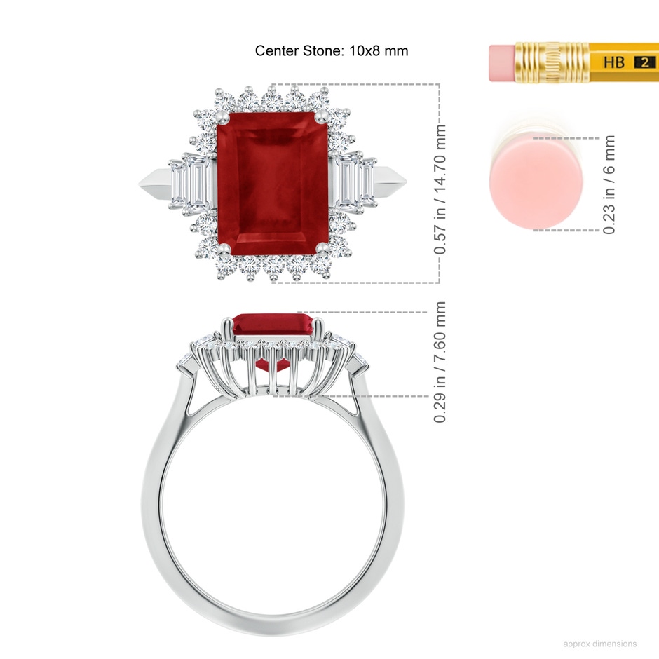 10x8mm AA Emerald-Cut Ruby Halo Knife-Edge Shank Engagement Ring in White Gold ruler