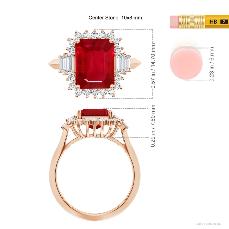 10x8mm AAA Emerald-Cut Ruby Halo Knife-Edge Shank Engagement Ring in 18K Rose Gold ruler
