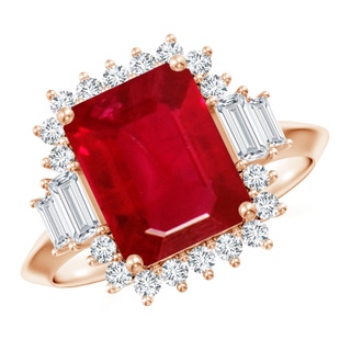 10x8mm AAA Emerald-Cut Ruby Halo Knife-Edge Shank Engagement Ring in 9K Rose Gold