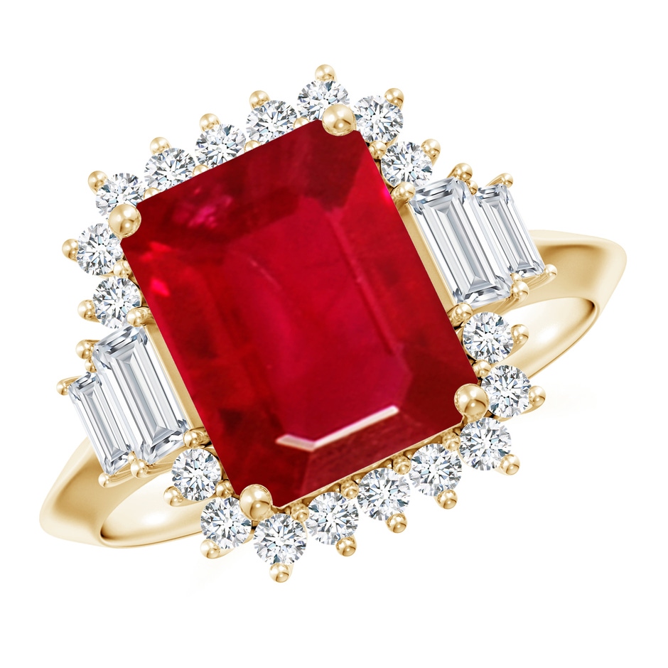 10x8mm AAA Emerald-Cut Ruby Halo Knife-Edge Shank Engagement Ring in Yellow Gold 
