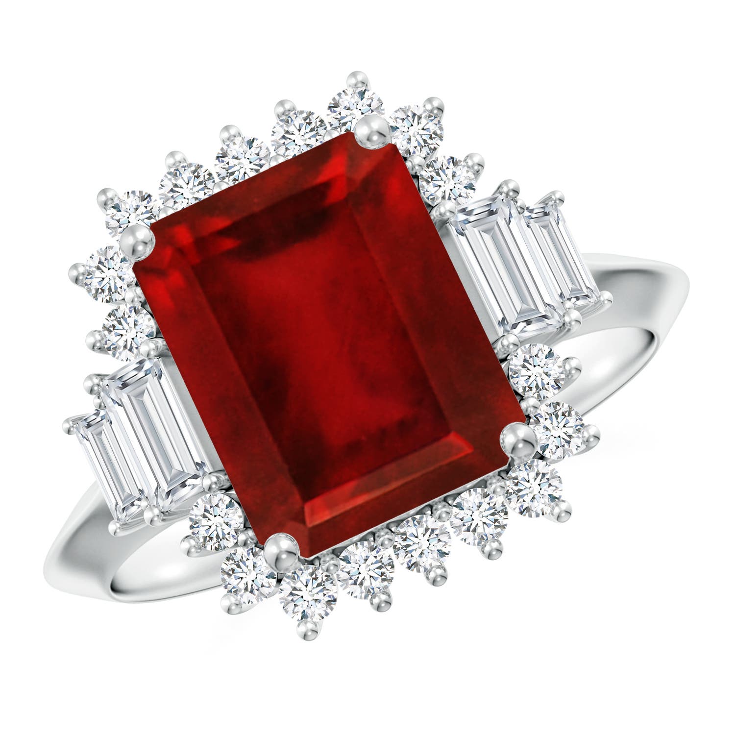 10x8mm AAAA Emerald-Cut Ruby Halo Knife-Edge Shank Engagement Ring in P950 Platinum