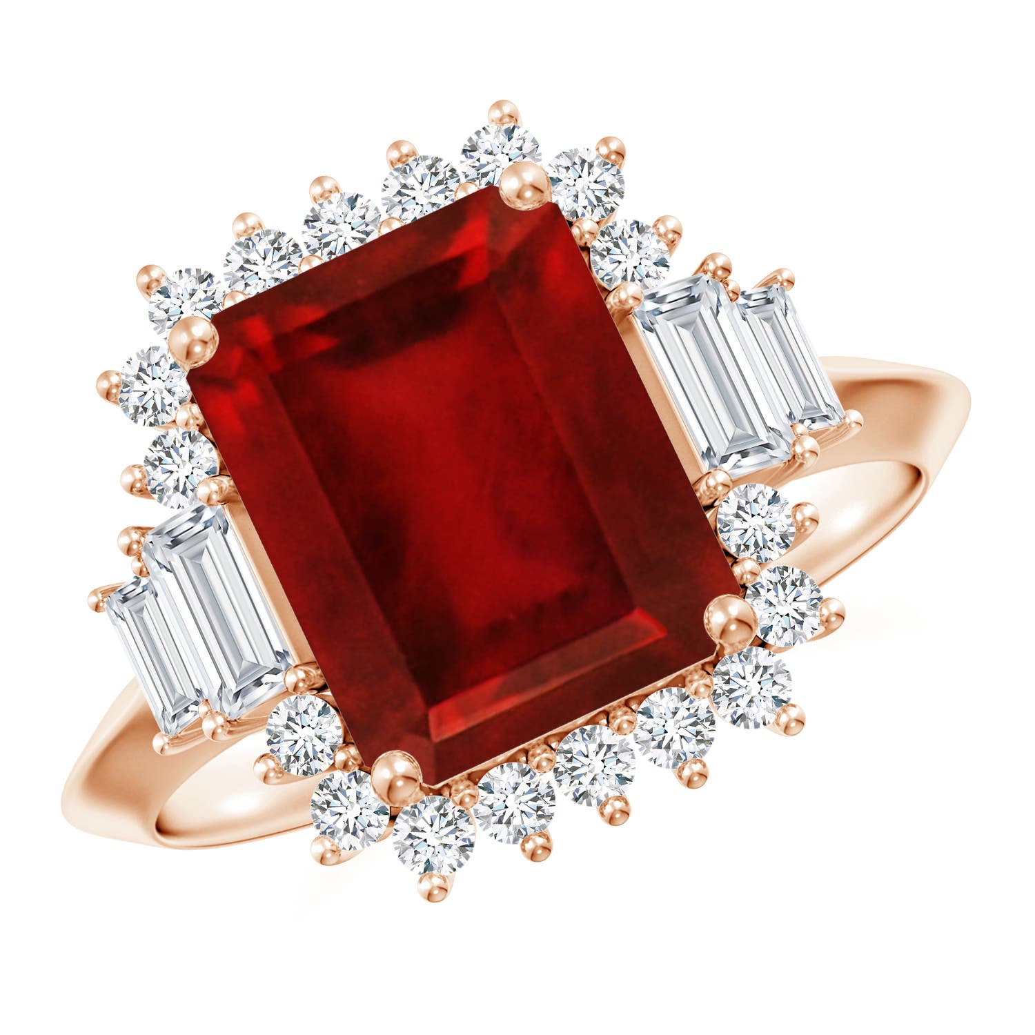 10x8mm AAAA Emerald-Cut Ruby Halo Knife-Edge Shank Engagement Ring in Rose Gold