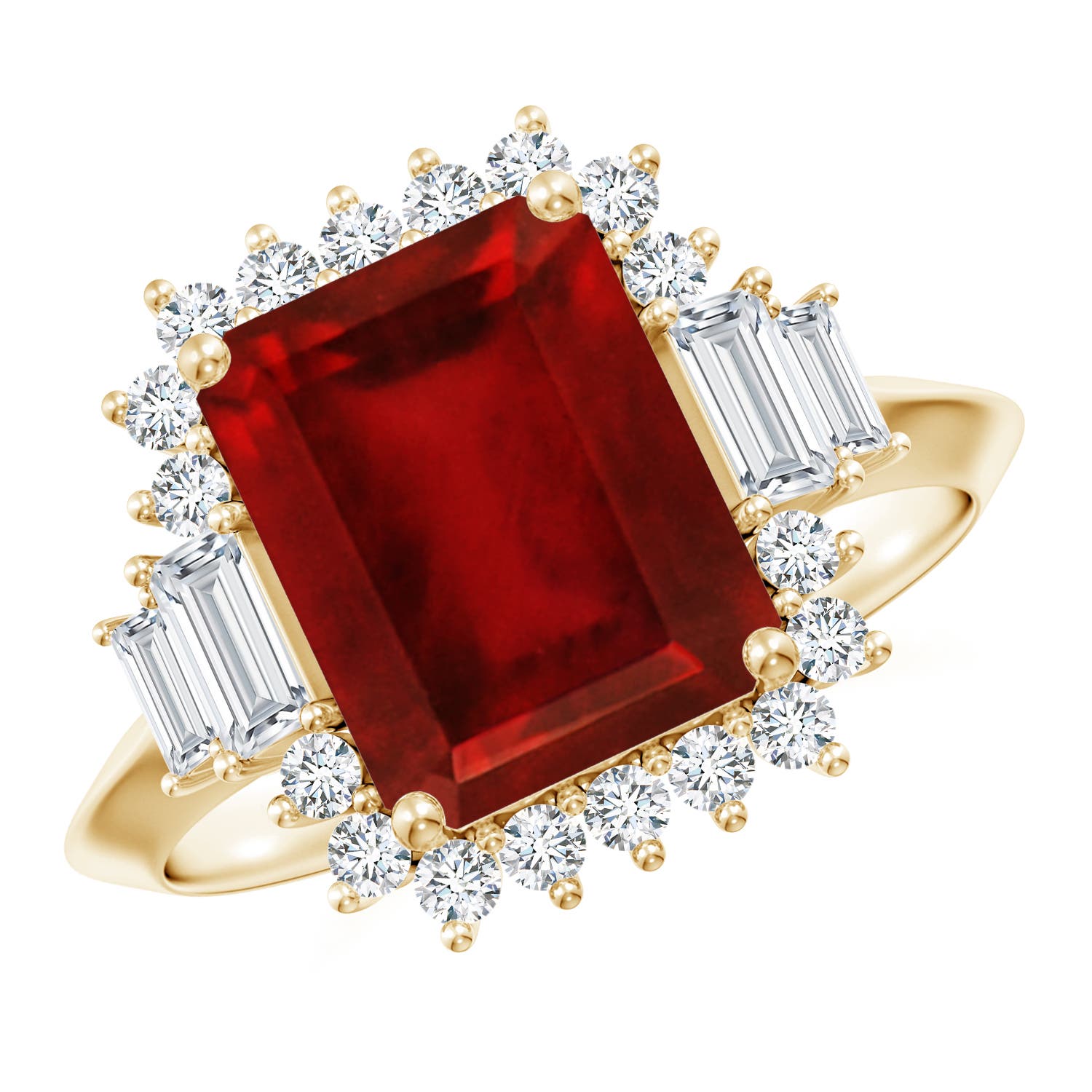 10x8mm AAAA Emerald-Cut Ruby Halo Knife-Edge Shank Engagement Ring in Yellow Gold