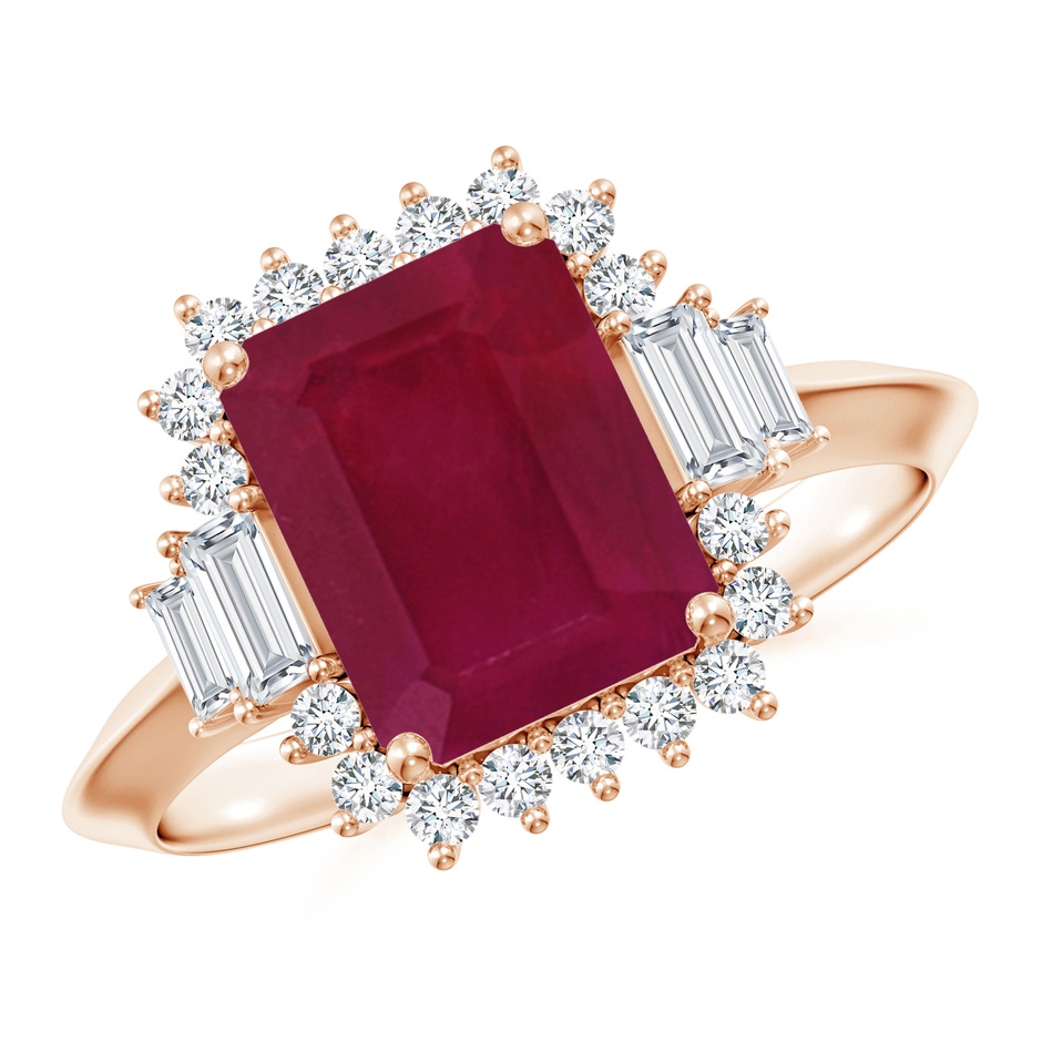 9x7mm A Emerald-Cut Ruby Halo Knife-Edge Shank Engagement Ring in Rose Gold 