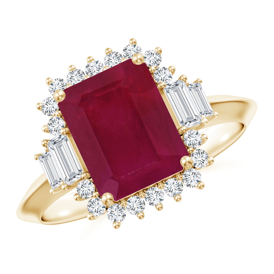 9x7mm A Emerald-Cut Ruby Halo Knife-Edge Shank Engagement Ring in Yellow Gold 