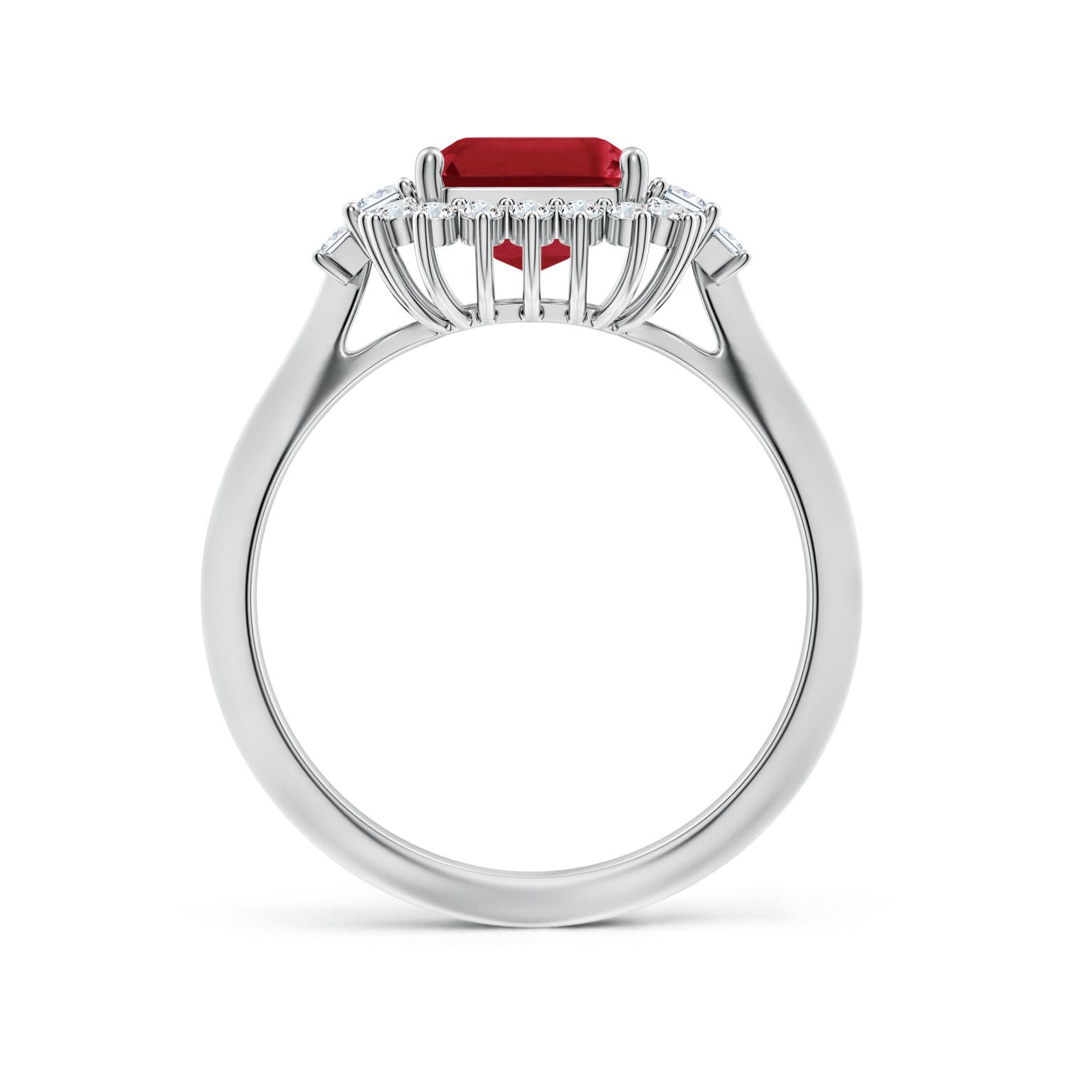 9x7mm AA Emerald-Cut Ruby Halo Knife-Edge Shank Engagement Ring in 18K White Gold