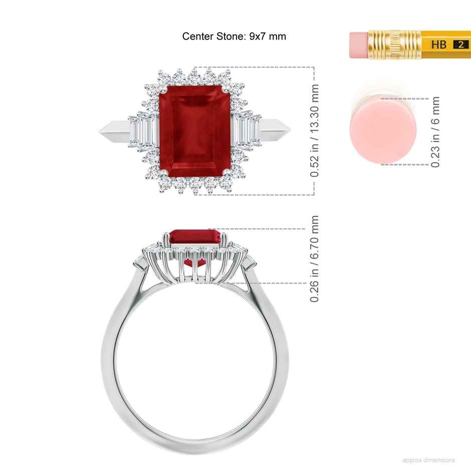 9x7mm AA Emerald-Cut Ruby Halo Knife-Edge Shank Engagement Ring in P950 Platinum ruler
