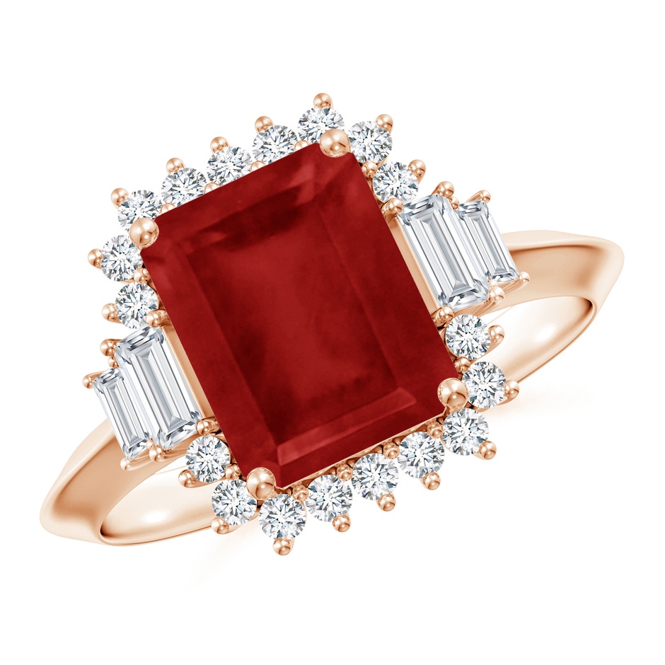 9x7mm AA Emerald-Cut Ruby Halo Knife-Edge Shank Engagement Ring in Rose Gold 