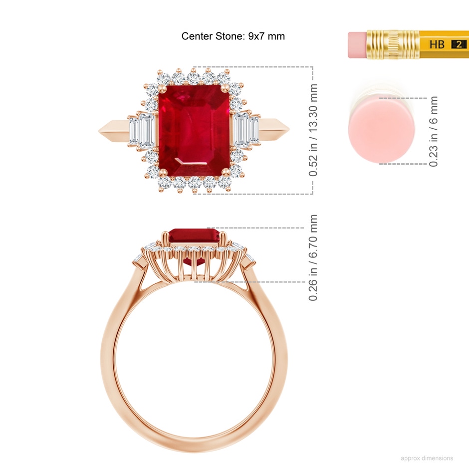9x7mm AAA Emerald-Cut Ruby Halo Knife-Edge Shank Engagement Ring in 18K Rose Gold ruler