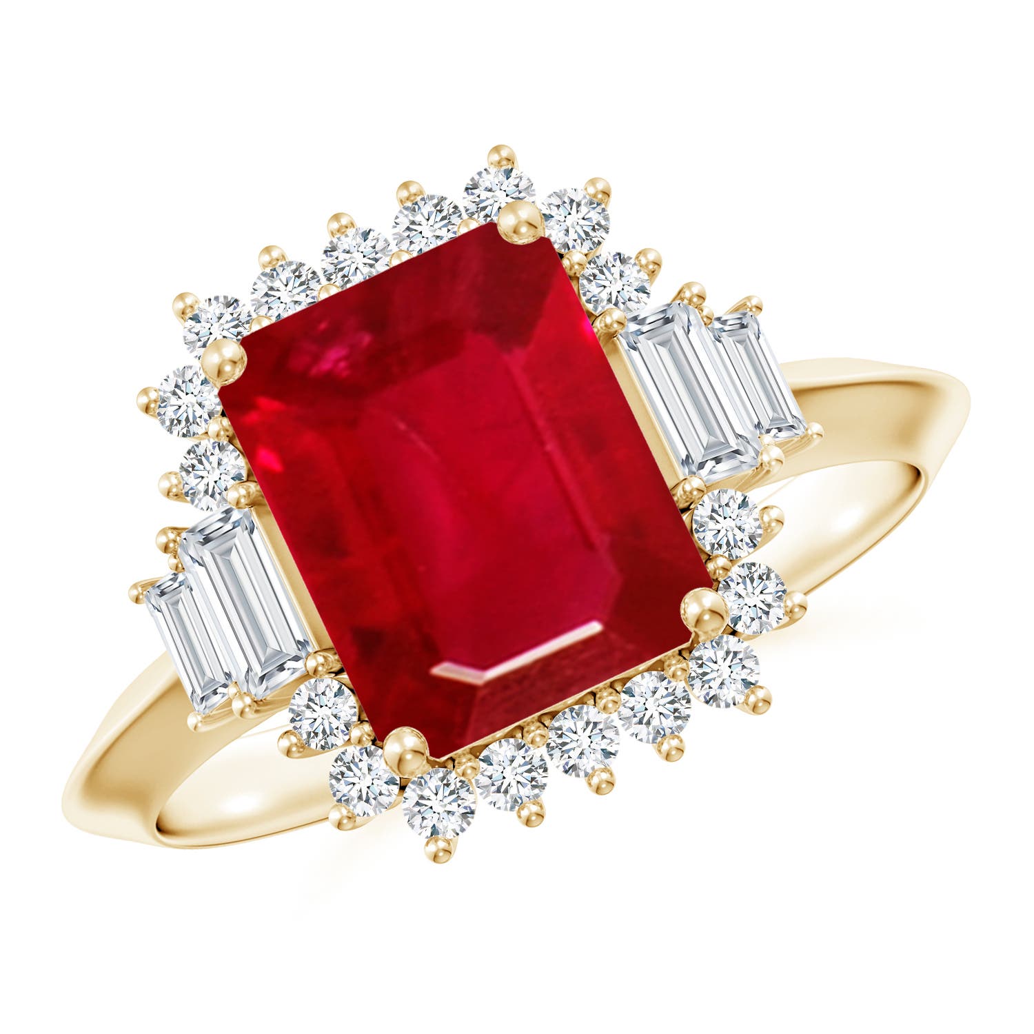 9x7mm AAA Emerald-Cut Ruby Halo Knife-Edge Shank Engagement Ring in 18K Yellow Gold