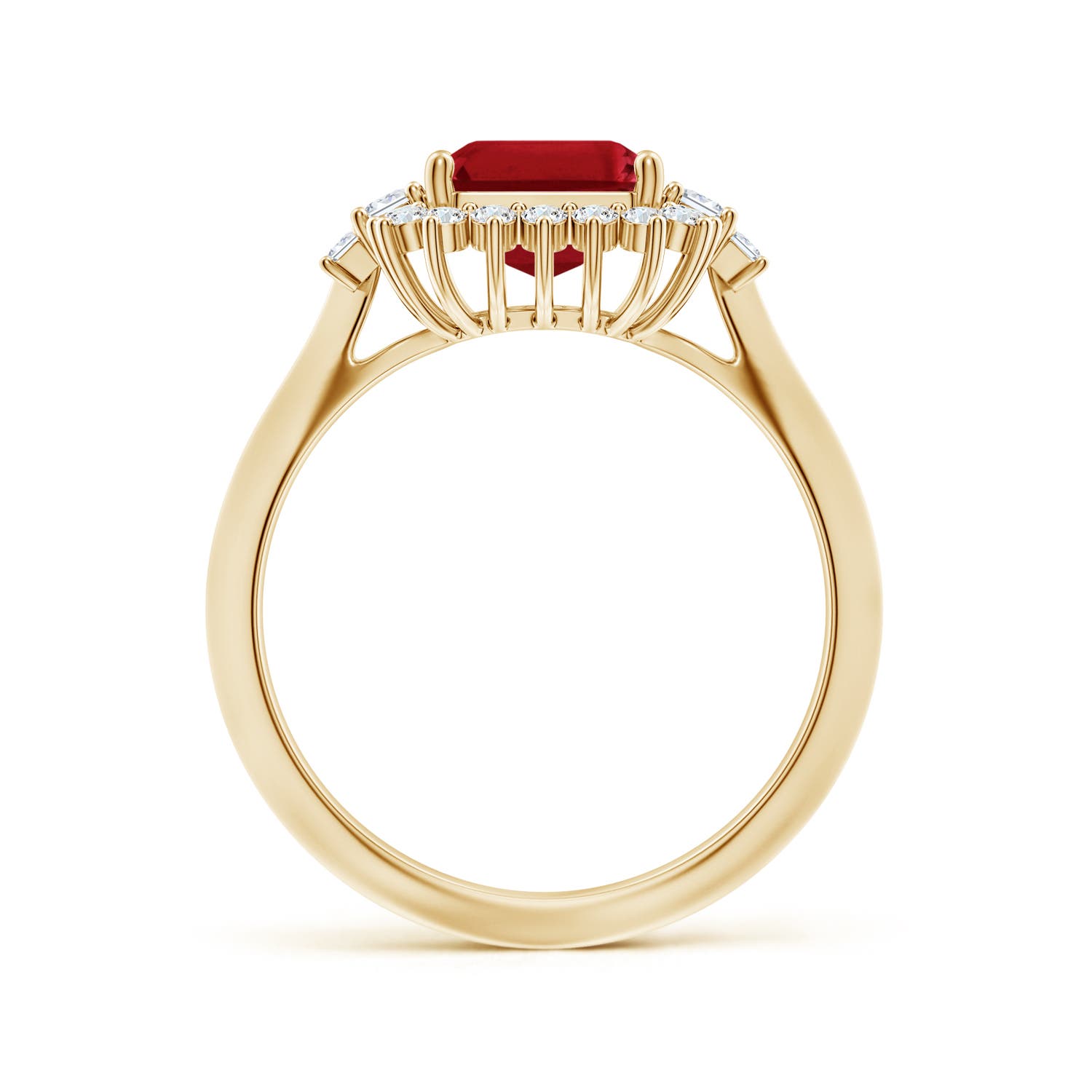 9x7mm AAA Emerald-Cut Ruby Halo Knife-Edge Shank Engagement Ring in 18K Yellow Gold
