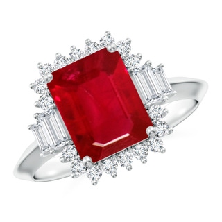 9x7mm AAA Emerald-Cut Ruby Halo Knife-Edge Shank Engagement Ring in P950 Platinum