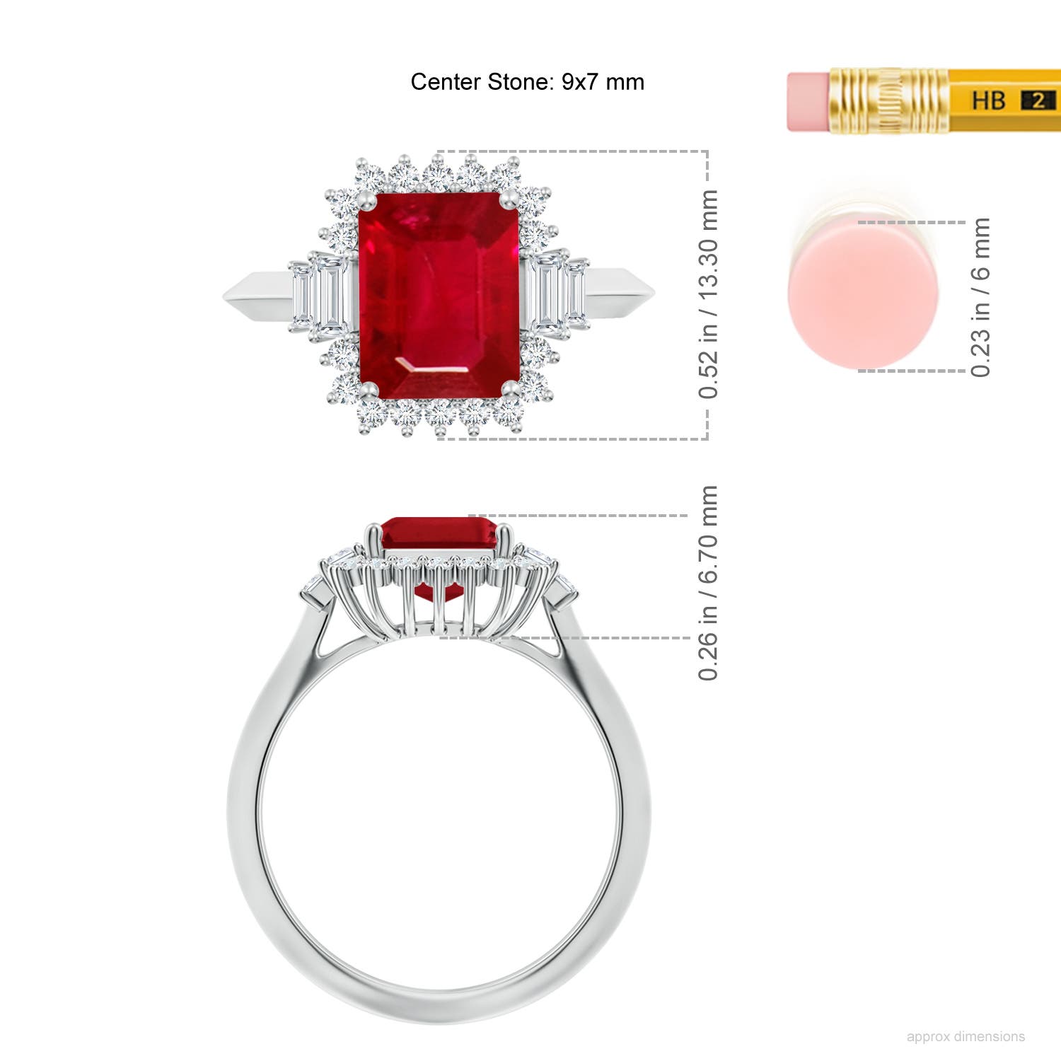 9x7mm AAA Emerald-Cut Ruby Halo Knife-Edge Shank Engagement Ring in White Gold - ruler