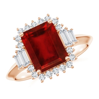 9x7mm AAAA Emerald-Cut Ruby Halo Knife-Edge Shank Engagement Ring in 10K Rose Gold