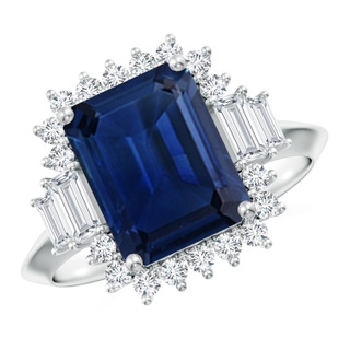 10x8mm AAA Emerald-Cut Blue Sapphire Halo Knife-Edge Shank Engagement Ring in P950 Platinum