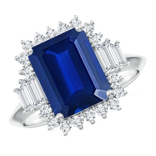 10x8mm AAAA Emerald-Cut Blue Sapphire Halo Knife-Edge Shank Engagement Ring in P950 Platinum