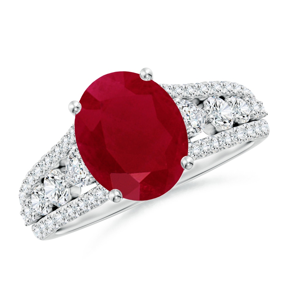 10x8mm AA Classic Oval Ruby Split Shank Engagement Ring with Accents in White Gold 